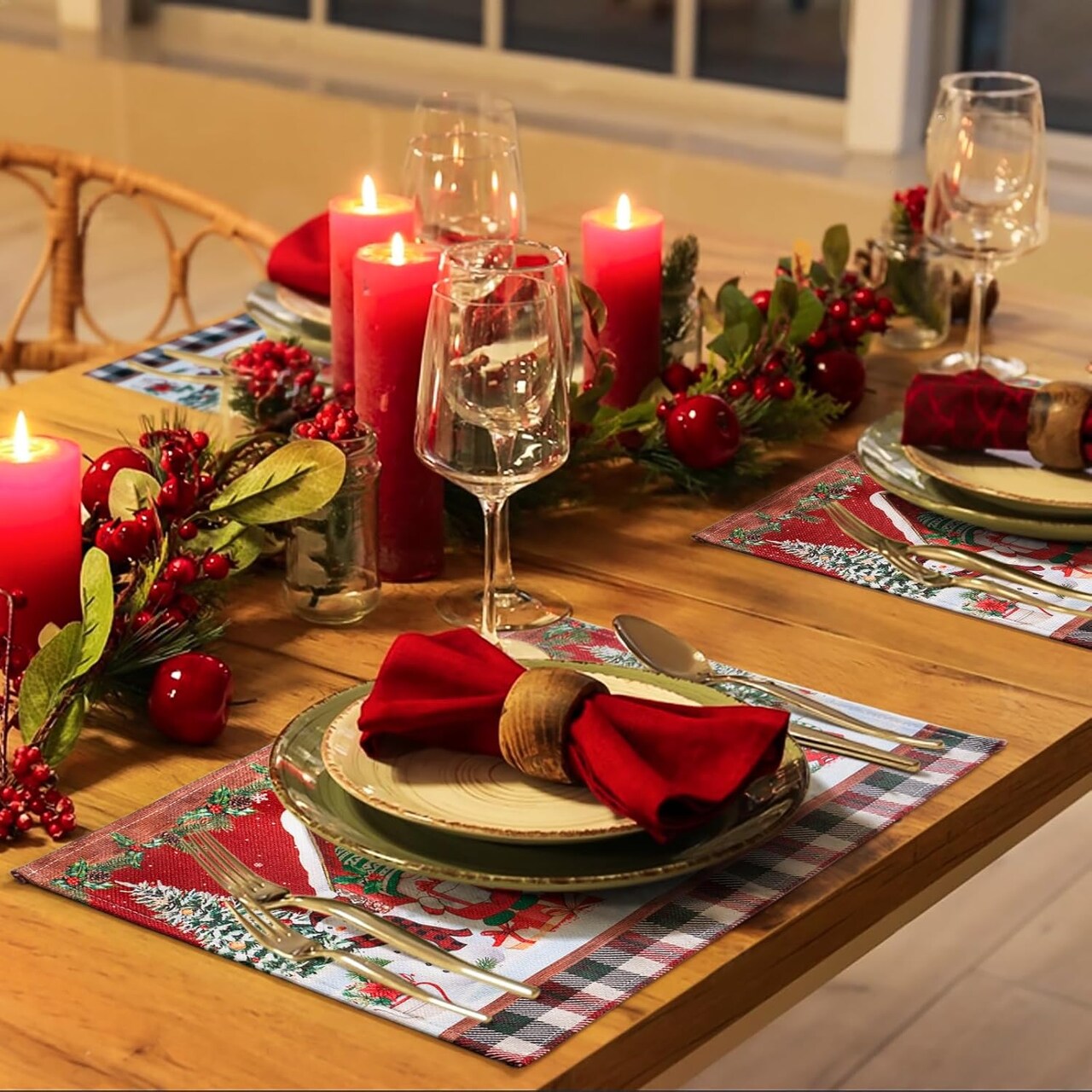 Christmas Placemats Set of 6, Rustic Holiday Gnomes Dining Table Mats, Washable Thick Cotton Linen - Heat, Wear Resistant Winter Place Mats for Kitchen Dining Table Decorations, 18 × 12 Inch